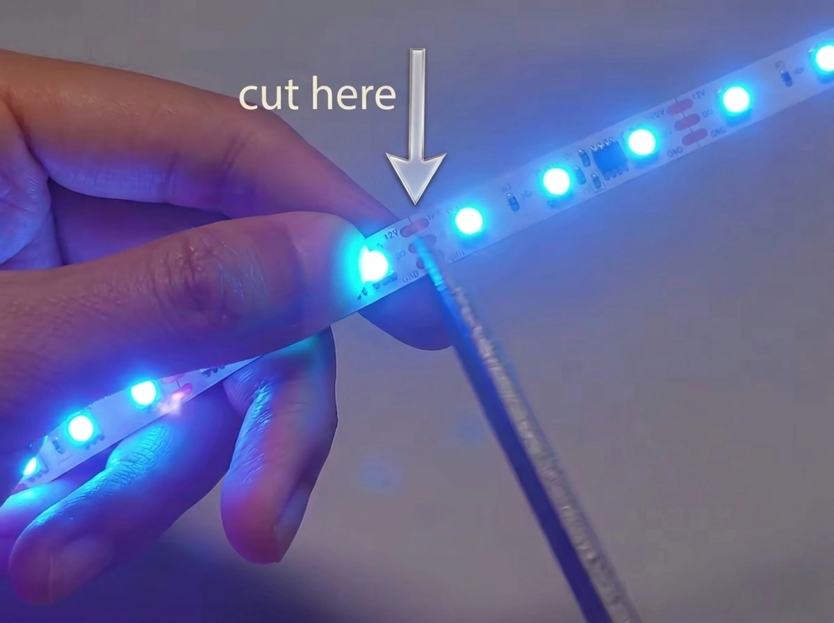 how-to-cut-led-strip-lights-scissors-correct-technique Sharp scissors cutting LED strip light exactly on the marked cut line between copper pads
