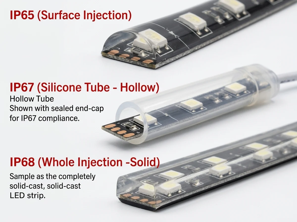 ip65-ip67-ip68-waterproof-led-strip-cross-section-comparison Cross-section comparison of IP65 silicone coated, IP67 silicone tube filled, and IP68 fully encapsulated waterproof LED strips