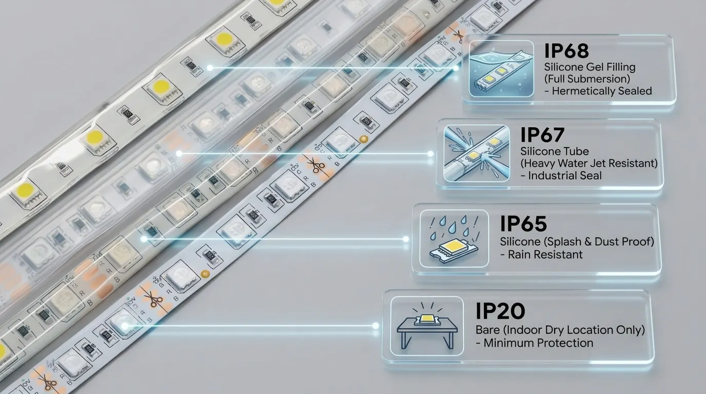 LED strip IP rating comparison showing IP20 IP65 waterproof coating and IP68 sealed structure