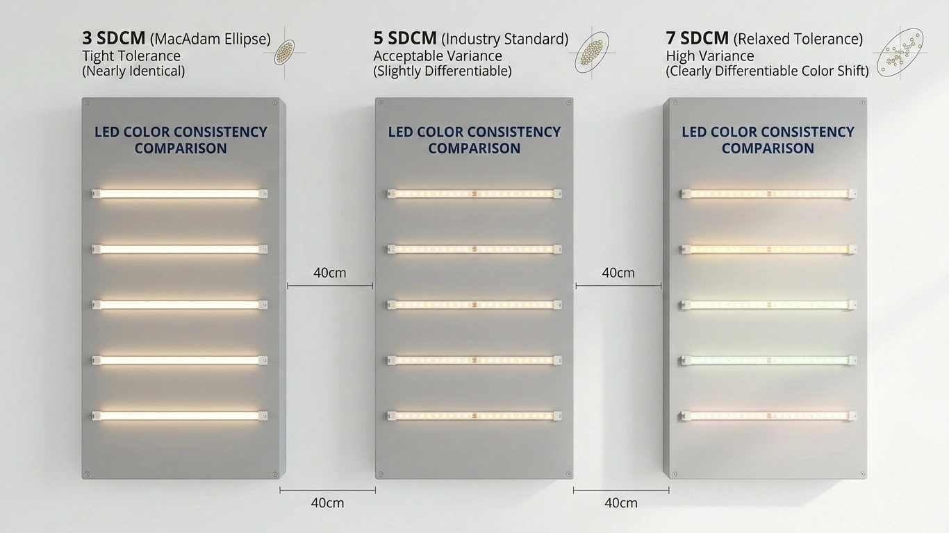 SDCM LED color consistency comparison showing 3 SDCM vs 5 SDCM vs 7 SDCM variation