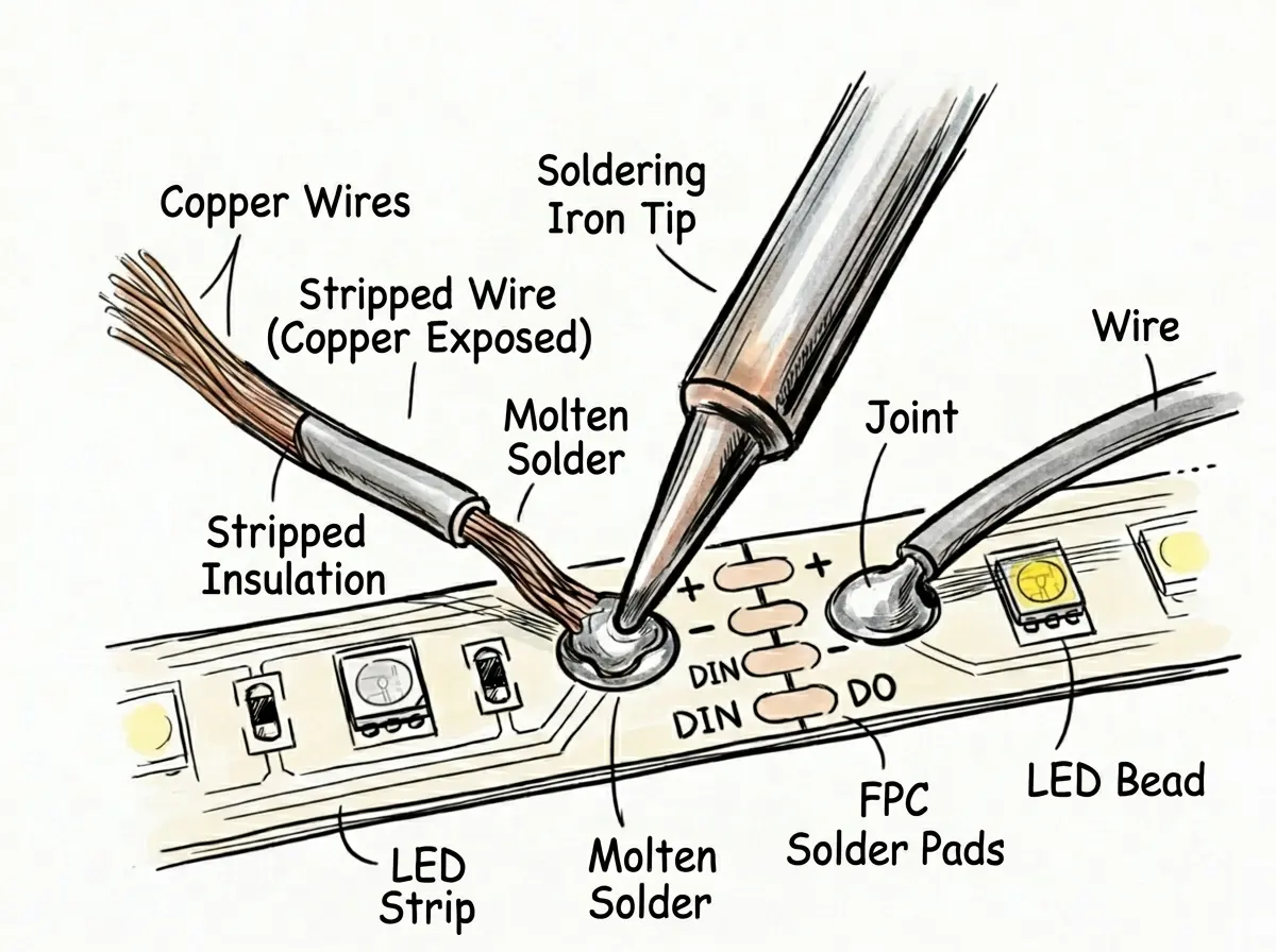 led-strip-soldering-copper-pads-reconnection Soldering wires directly onto LED strip copper pads for a permanent low-resistance reconnection