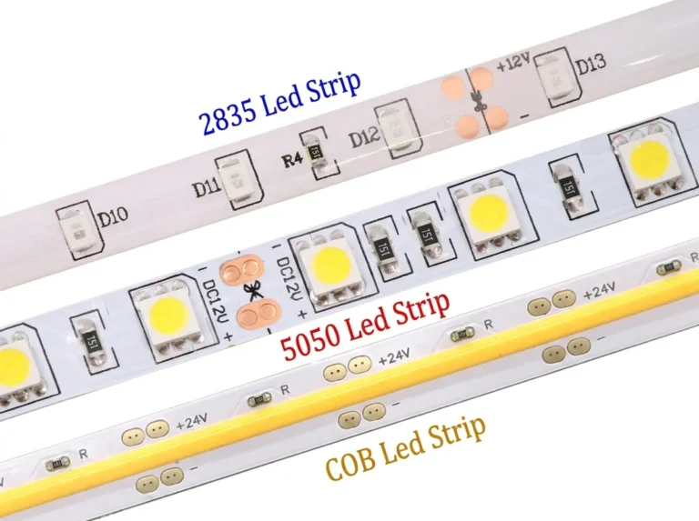 2835 vs 5050 vs COB LED strip comparison showing SMD chips and dot-free COB lighting