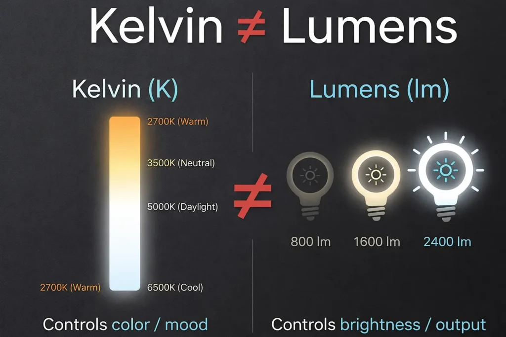 Infographic explaining Kelvin vs Lumens in LED lighting: Kelvin scale from 2700K warm white to 6500K cool white controls light color and mood, while Lumens from 800lm to 2400lm controls actual brightness output — the two are independent measurements