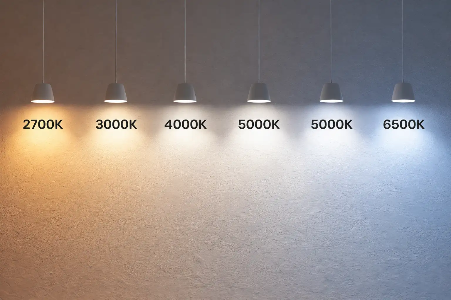Six pendant lights on the same wall showing the full LED color temperature spectrum from 2700K warm amber through 3000K, 4000K, 5000K to 6500K cool blue-white — a visual reference for selecting the right Kelvin range for any application
