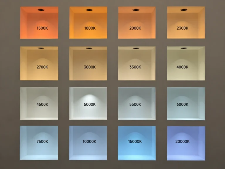 Complete LED color temperature spectrum chart showing 16 color samples from 1500K deep orange through 2700K–4000K warm to neutral white, 5000K–6000K daylight, up to 7500K–20000K cool blue and ultraviolet — a visual reference guide for understanding the full range of Kelvin color temperatures used in LED lighting applications