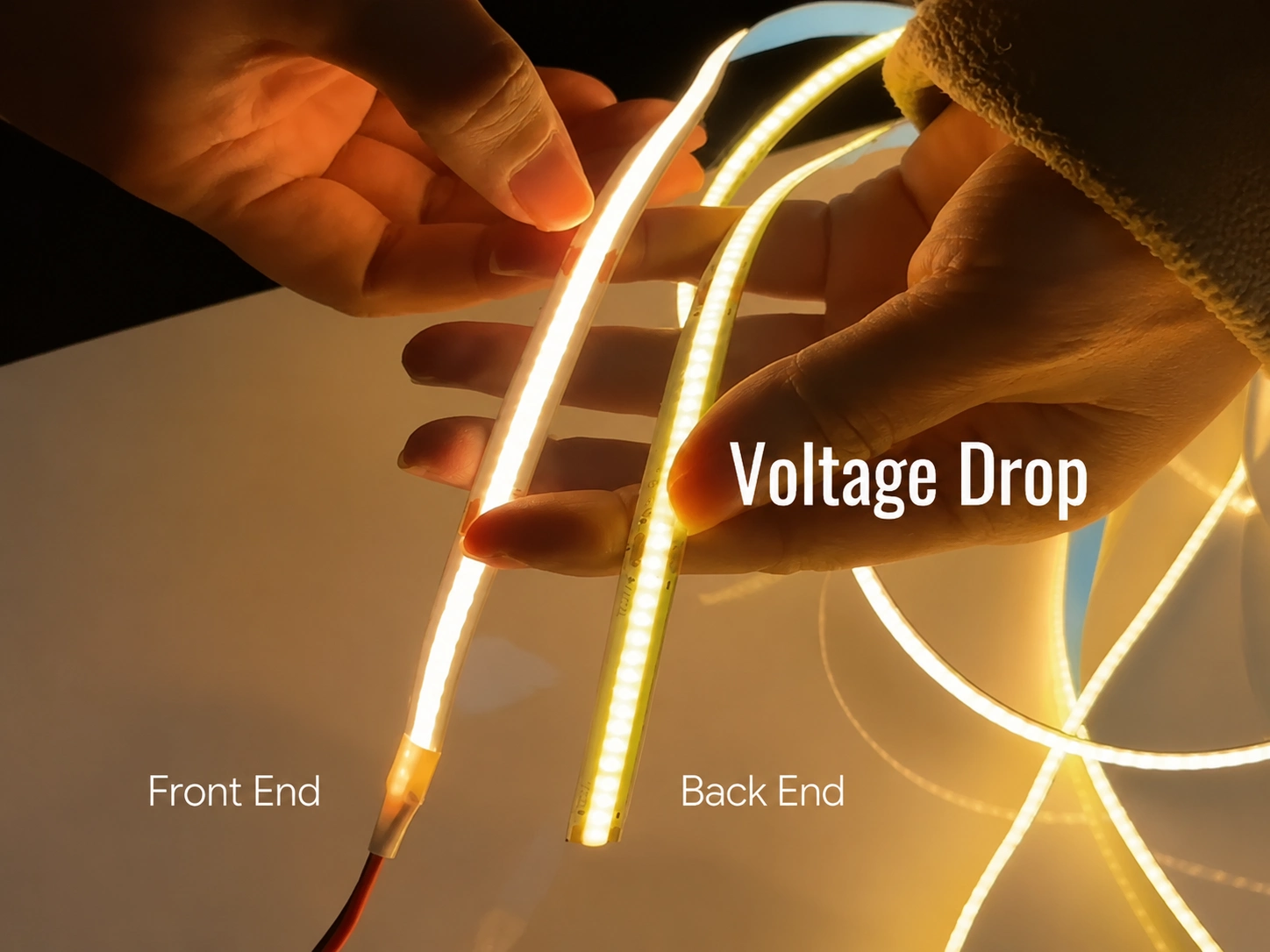LED strip voltage drop visualization showing brightness gradually decreasing from powered end (24V) to far end, with color gradient from bright yellow to dim orange indicating voltage loss along the copper trace.
