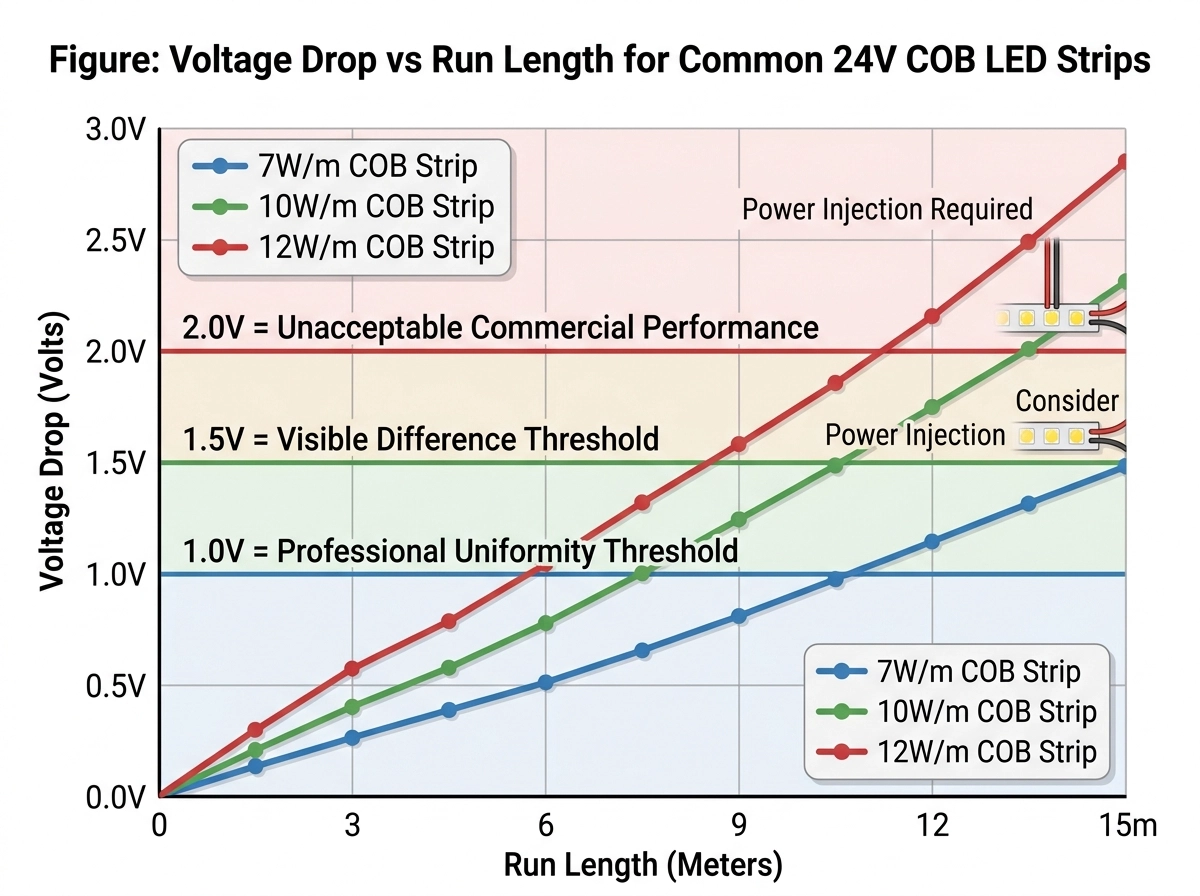 Figure-Voltage Drop vs Run Length Voltage drop vs run length chart for 24V COB strips: three curves for 7W/m, 10W/m, 12W/m densities over 0–15m runs, with reference thresholds at 1.0V, 1.5V, 2.0V indicating acceptable, visible, and unacceptable drop levels.