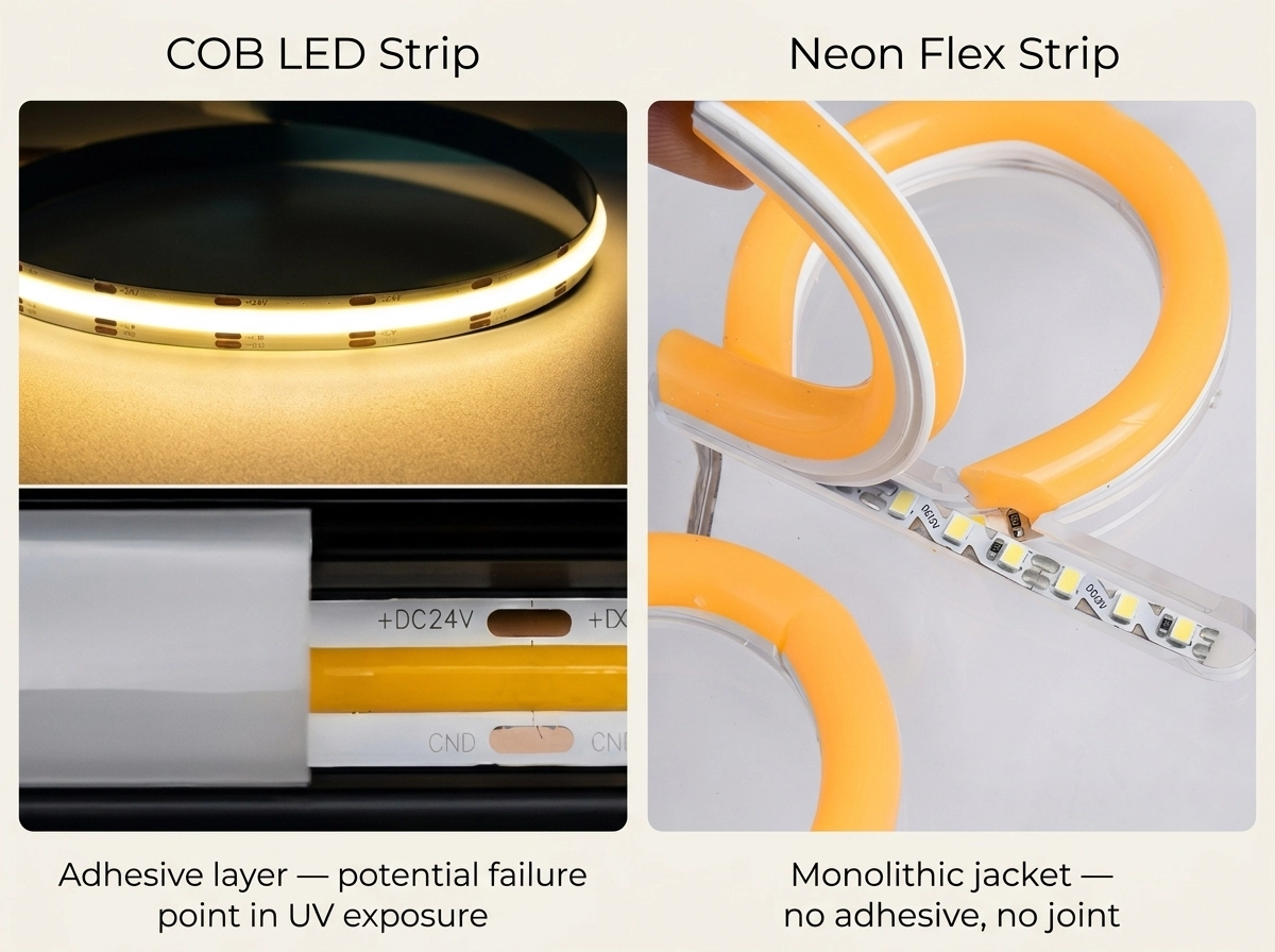 cob-led-strip-vs-neon-flex-cross-section-structure comparing COB LED strip layer structure with LED Neon Flex monolithic encapsulation for outdoor use