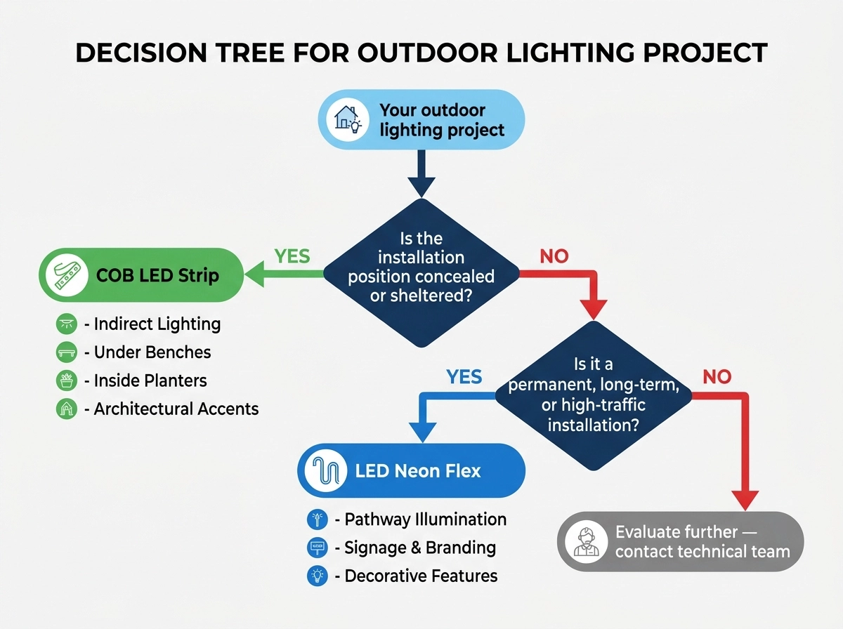 cob-led-strip-vs-neon-flex-outdoor-decision-flowchart Decision flowchart for choosing between COB LED strip and LED Neon Flex for outdoor lighting projects based on installation position and exposure level