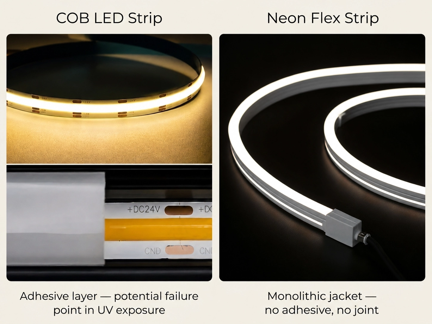 cob-led-strip-vs-neon-flex-structure comparing COB LED strip layer structure with LED Neon Flex monolithic encapsulation for outdoor use