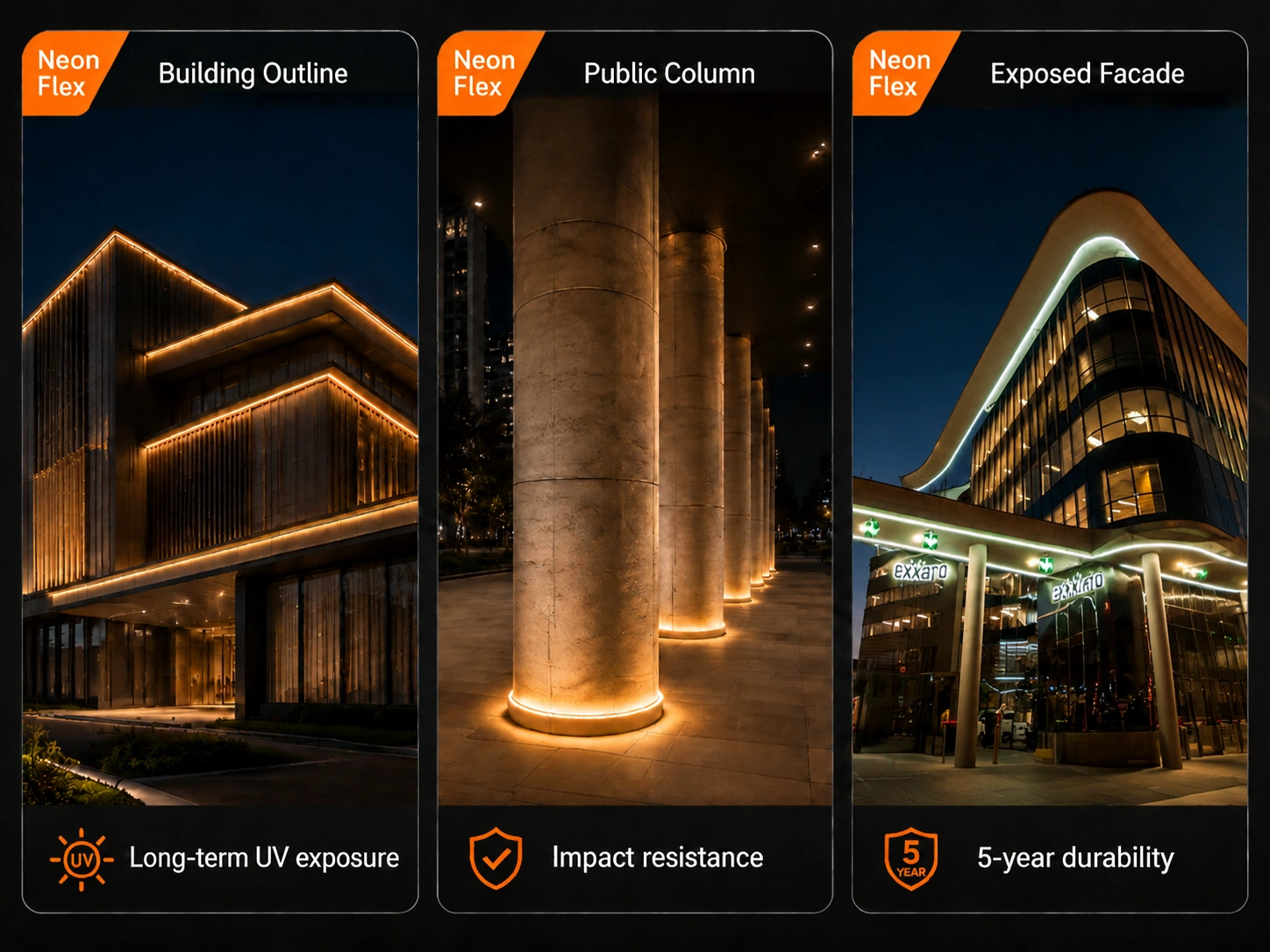 led-neon-flex-outdoor-applications-when-to-choose Three outdoor scenarios where LED Neon Flex outperforms COB LED strip: building roofline outline, public column lighting, and permanent exposed facade