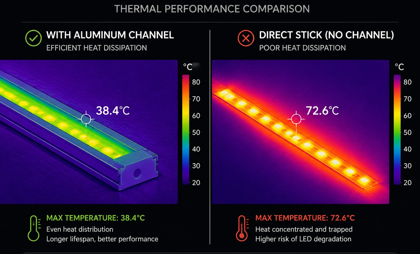 aluminum-channel-heat-dissipation-comparison Thermal comparison showing reduced surface temperature of LED strip mounted in aluminum channel versus direct mounting