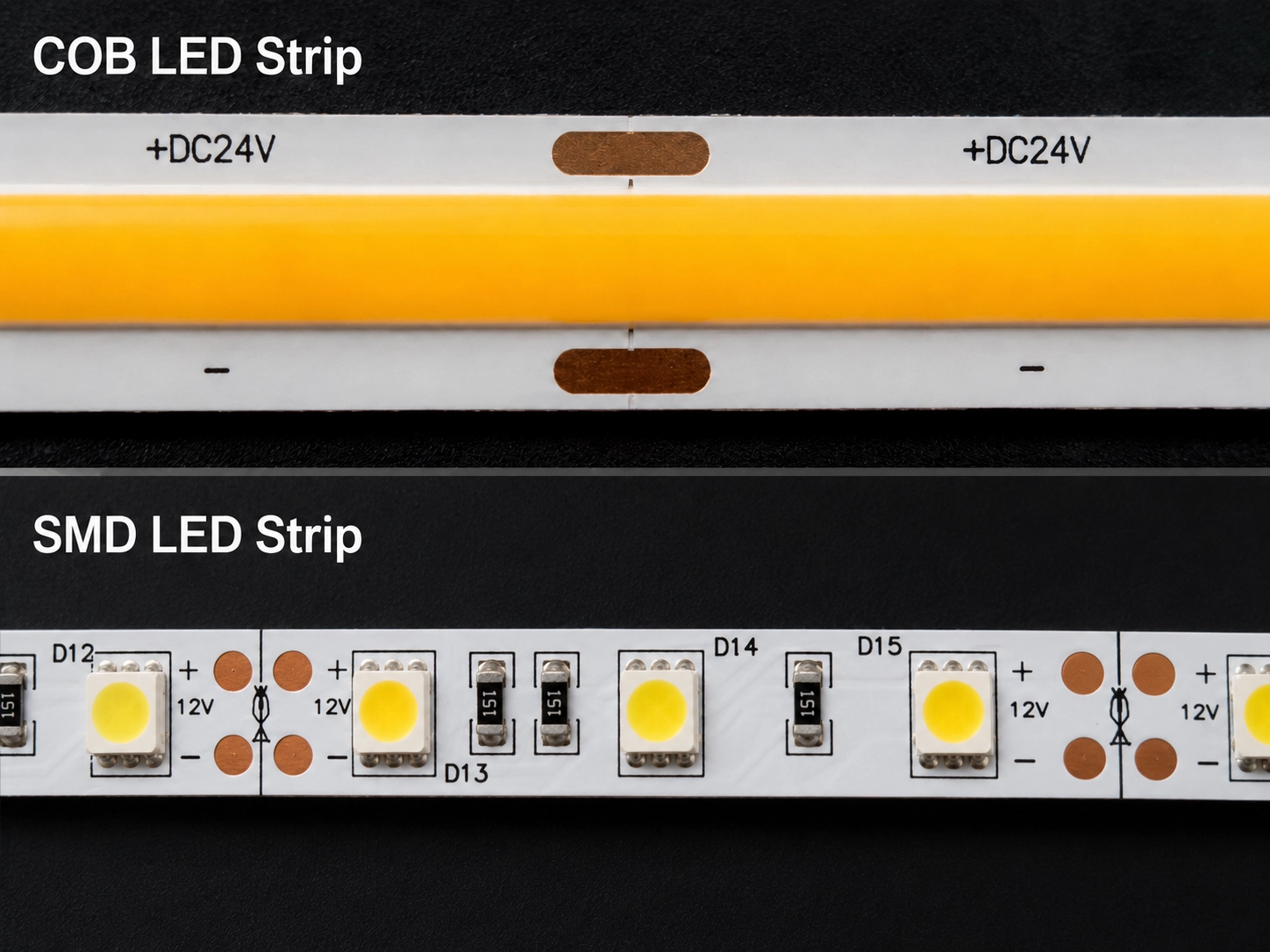cob-chip-density-vs-smd-macro Macro close-up comparing high-density COB chip arrangement with individual SMD LED packages