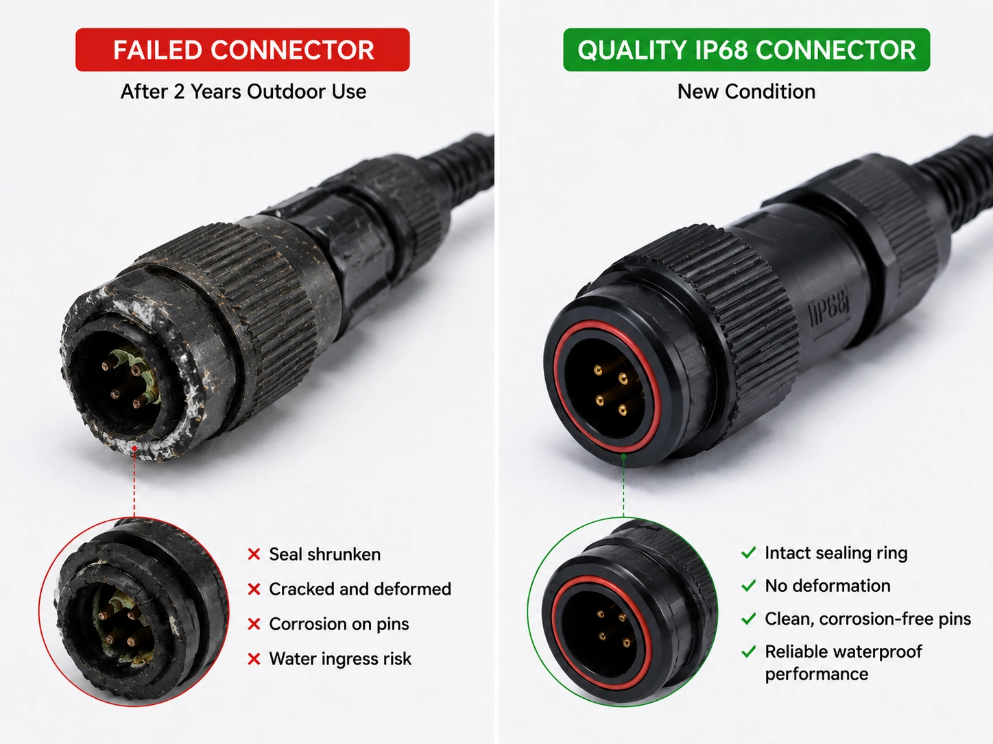 failed-vs-ip68-led-strip-connector Comparison of a degraded outdoor LED strip connector with shrunken gasket versus a properly sealed IP68 connector