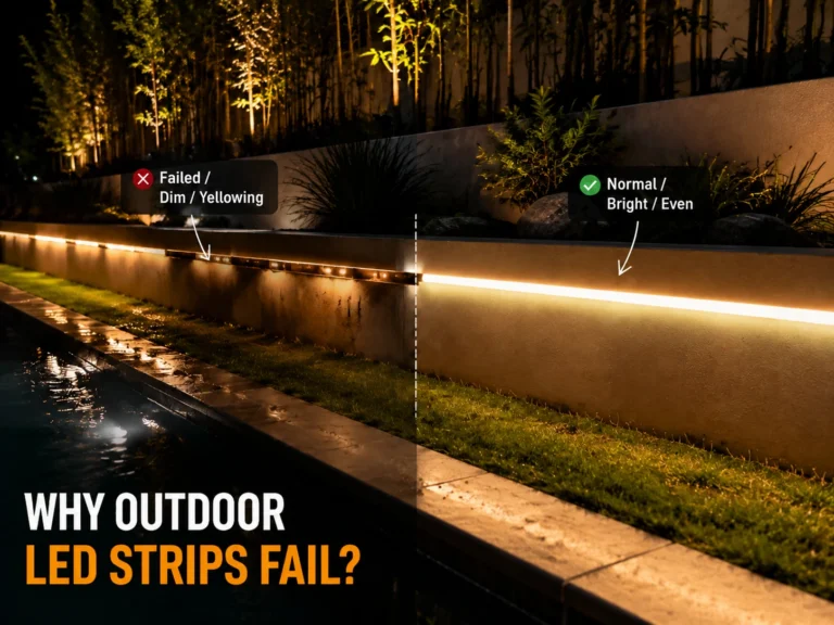 LED-stripverlichting voor buiten geïnstalleerd langs een patio met gedeeltelijke storing en verkleuring na een jaar