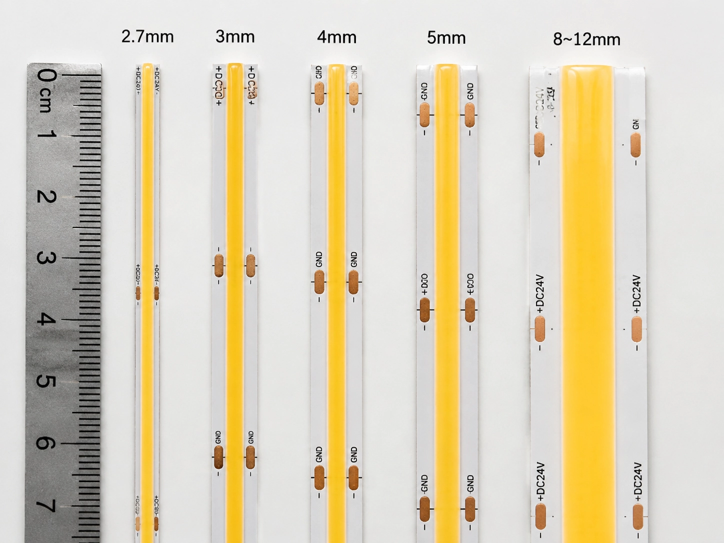 pcb-width-comparison-2-7mm-to-12mm Side-by-side comparison of COB LED strip PCB widths from 2.7mm to 12mm showing relative size differences